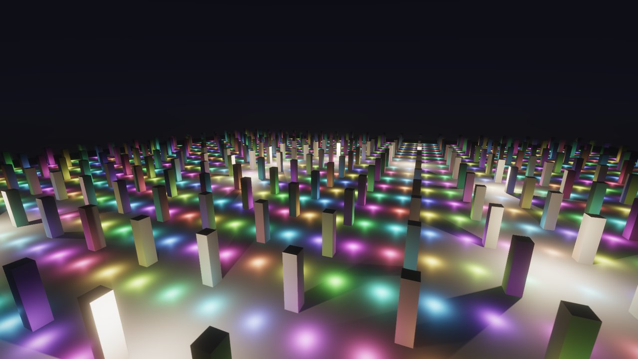 Hundreds of coloured pillars lit by a thousand small coloured lights at night