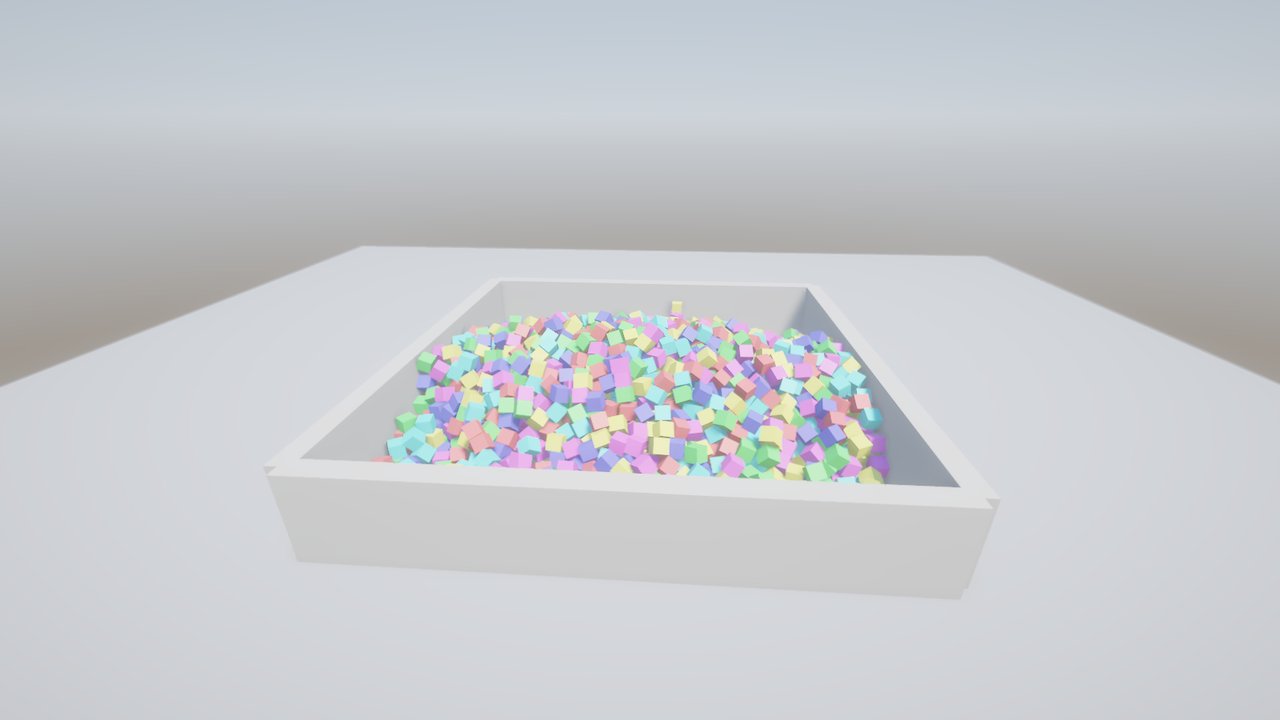 Thousands of pastel boxes piled in a walled pit