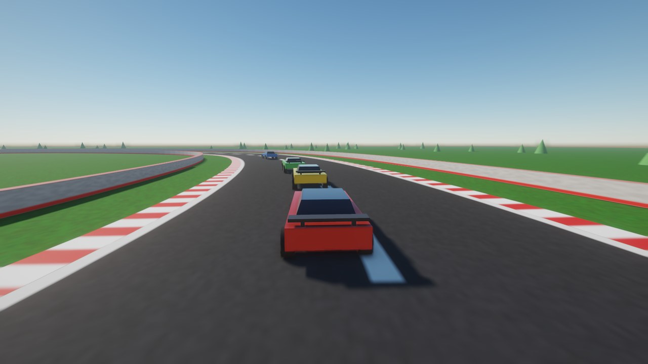 A red car chasing three others through a bend on a race track