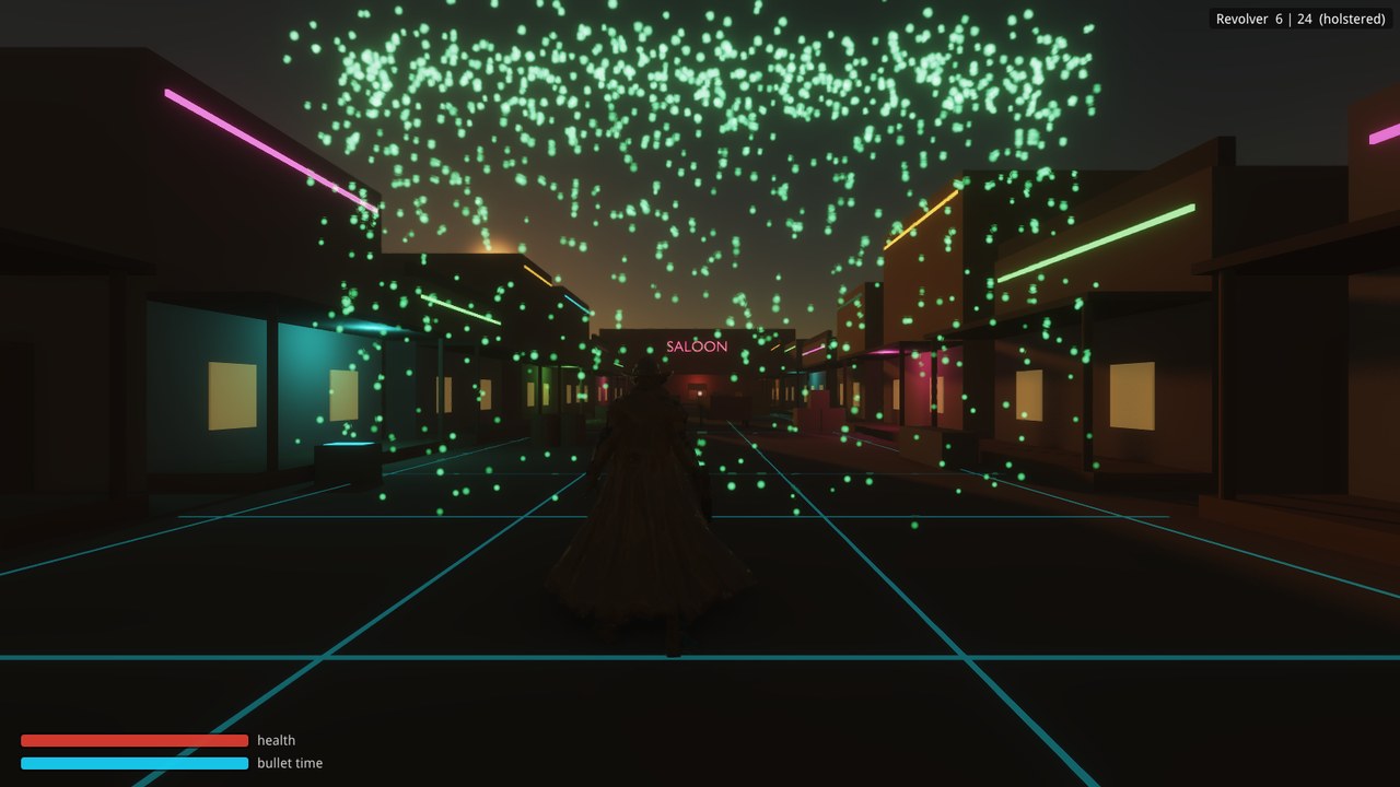 Green code raining over the dark street as the town boots up