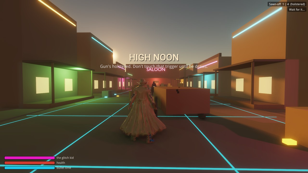 The words HIGH NOON over the street, the cowboy facing down the saloon