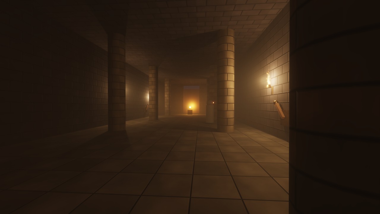 A torchlit hall with stone pillars and a glowing ember at the far end
