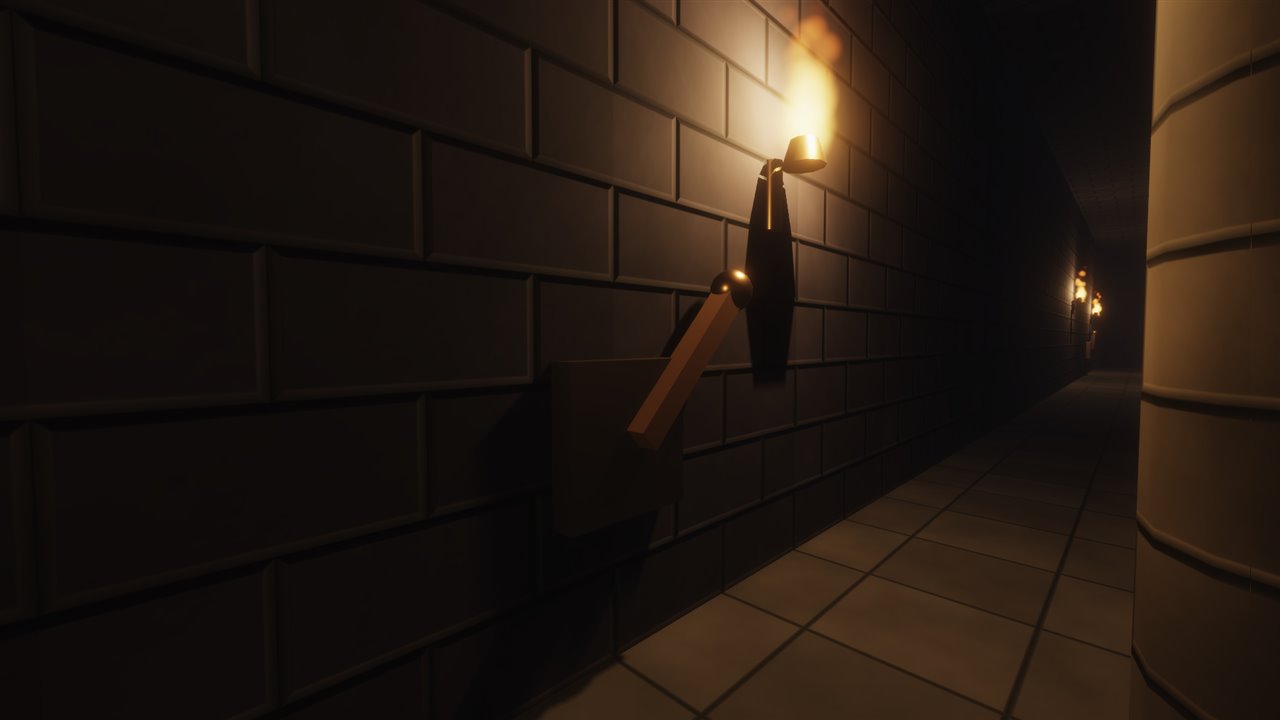 A wooden lever with a bronze knob under a wall torch