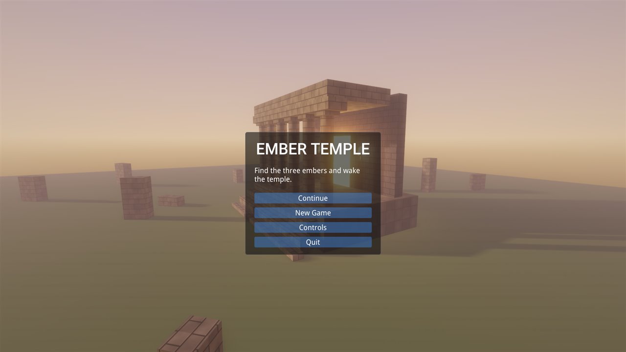 The Ember Temple title menu over a ruined temple at sunset