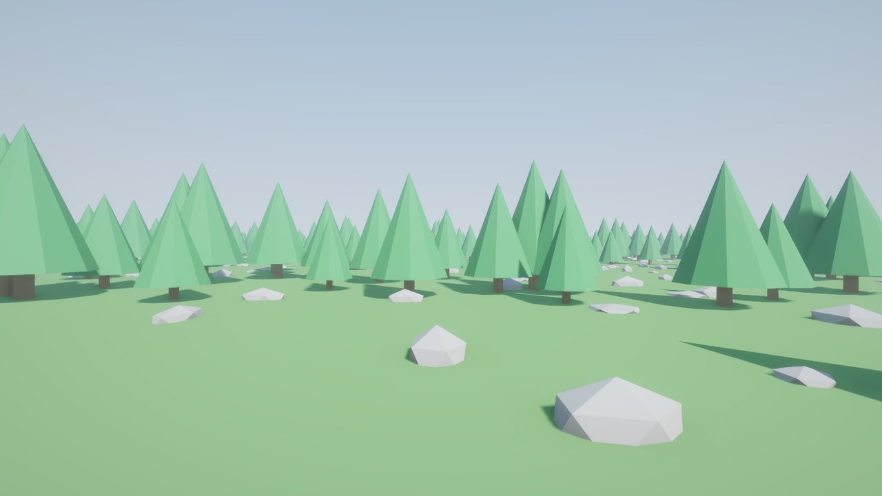 Low-poly forest with thousands of instanced trees and rocks