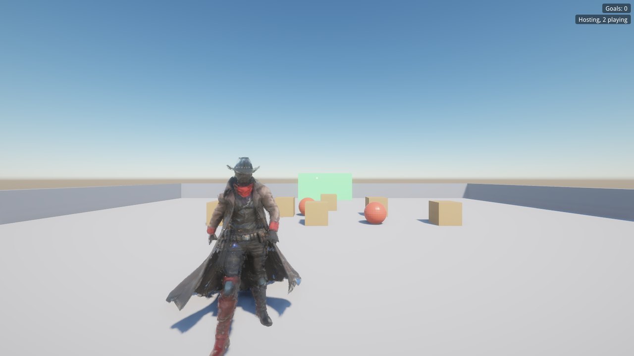Another player walking between crates and red balls in the multiplayer demo, seen by the host