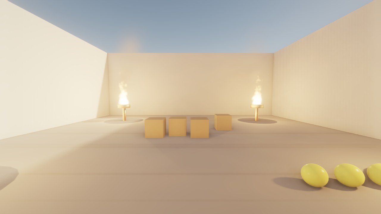 An open courtyard at golden hour with two braziers burning, crates stacked between them and yellow balls on the ground