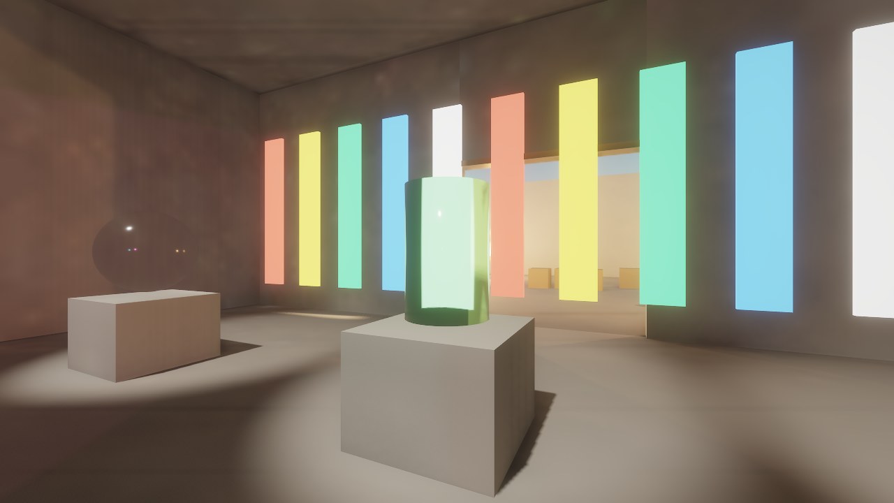 A green glass vase on a plinth bending the bright coloured stripes behind it, a clear glass sphere beside it